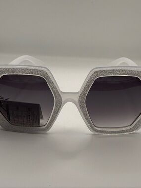 Icy White Glitter Oversized Geometric Sunglasses NWT